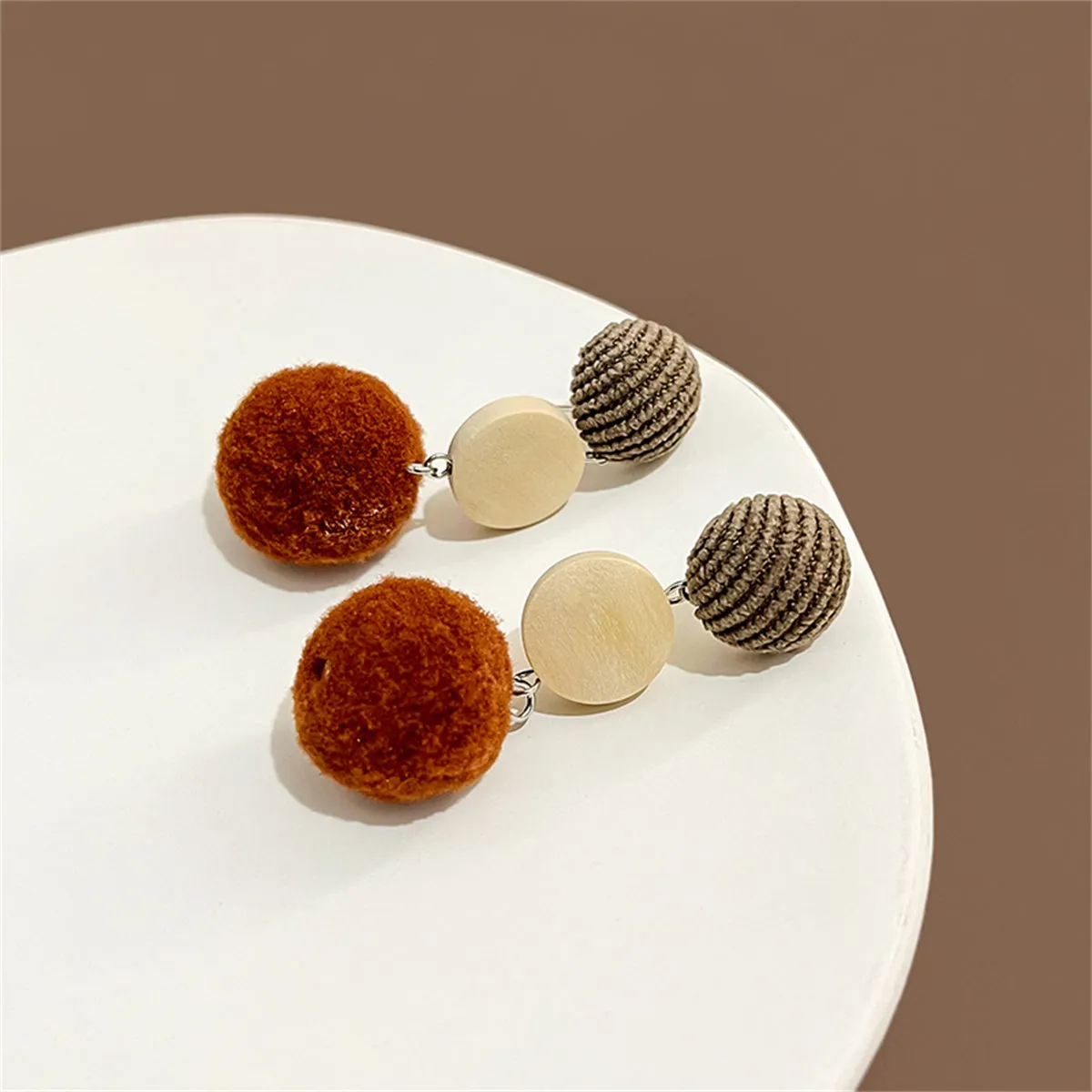 Brown Multicolor Wood & Polyster Silver-Plated Drop Earrings