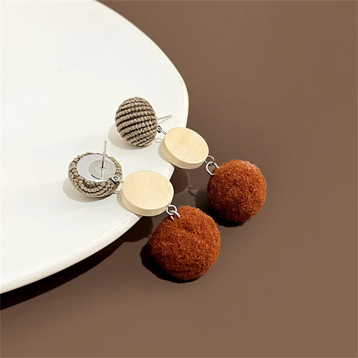 Brown Multicolor Wood & Polyster Silver-Plated Drop Earrings