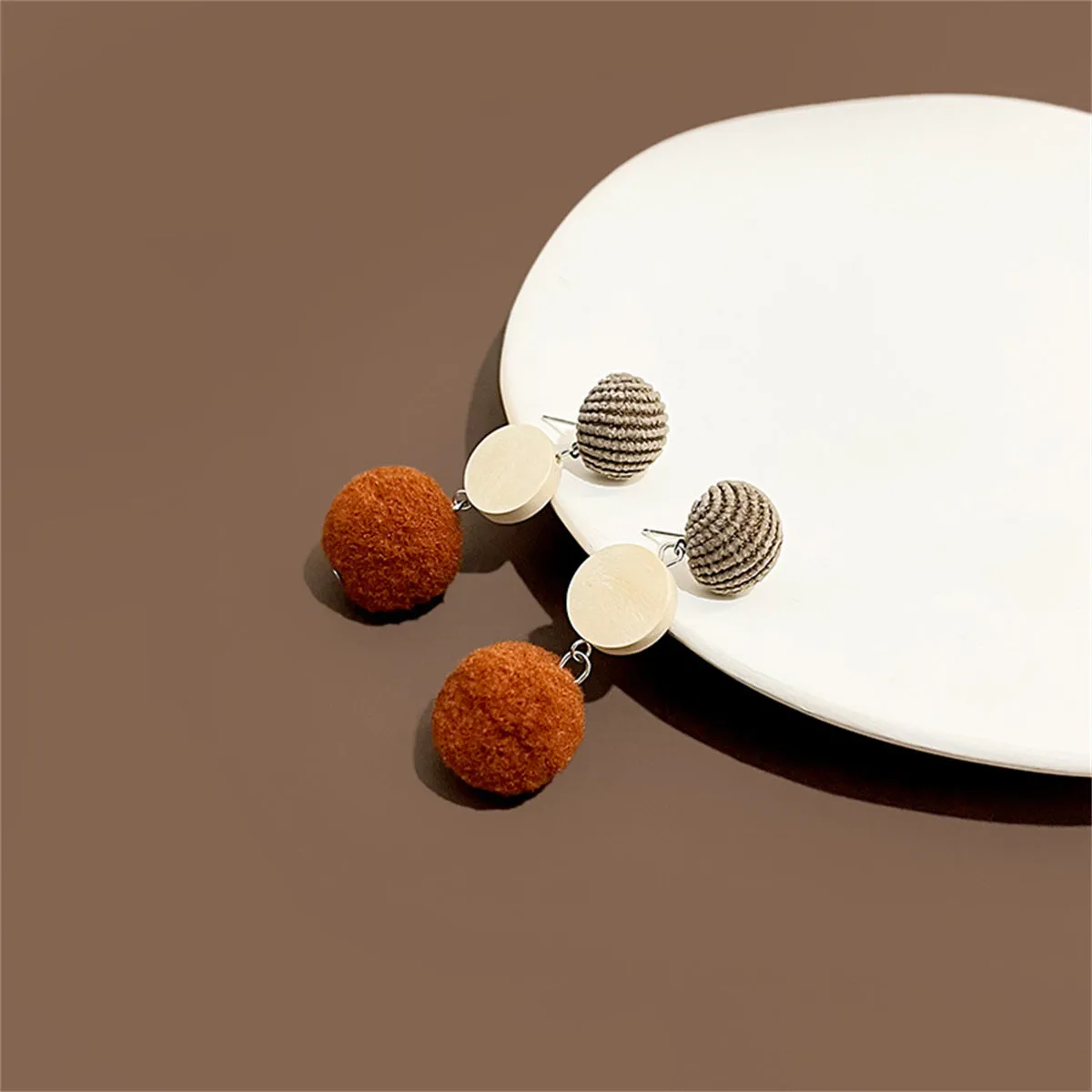 Brown Multicolor Wood & Polyster Silver-Plated Drop Earrings