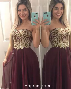 Burgundy Red Strapless Beading Applique Prom Dresses Evening Dresses