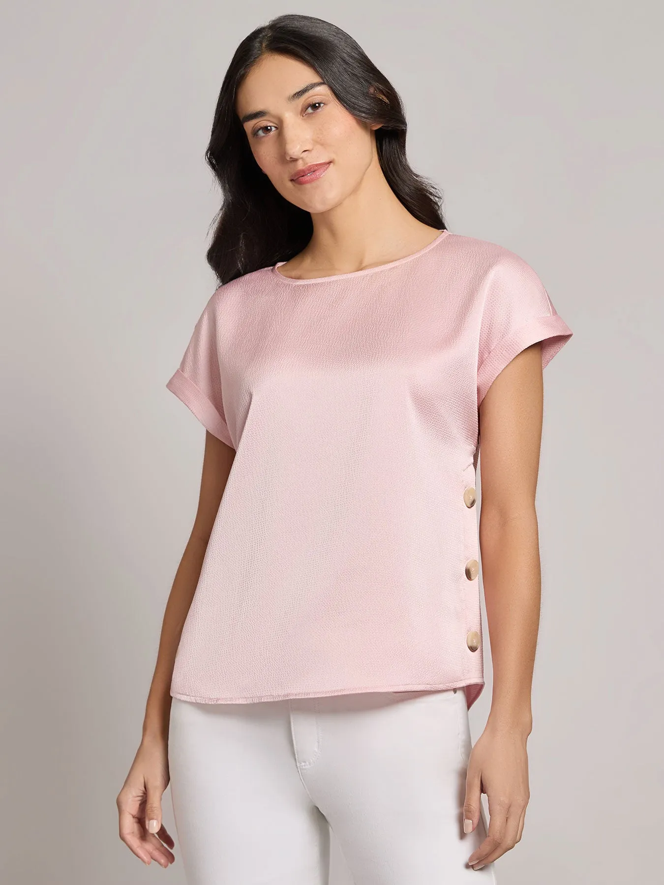 Button Detail Blouse, Hammered Satin