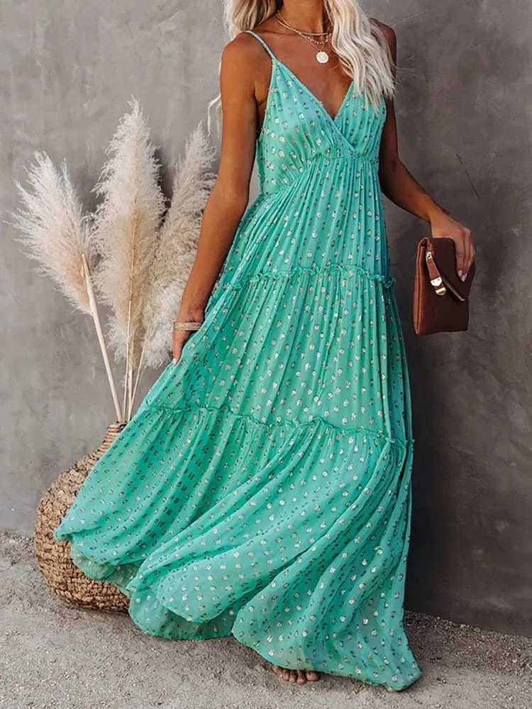 Camille® | Green V-Neck Maxi Beach Dress