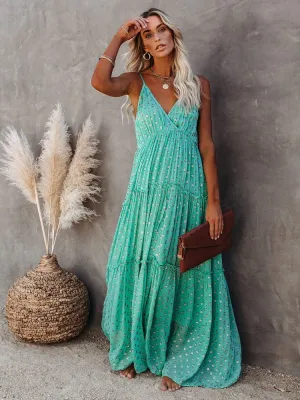 Camille® | Green V-Neck Maxi Beach Dress