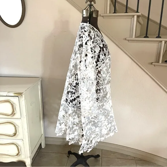 Catherines Lace Kimono Long Cardigan 2X Floral Embroidery Open Front Cream White