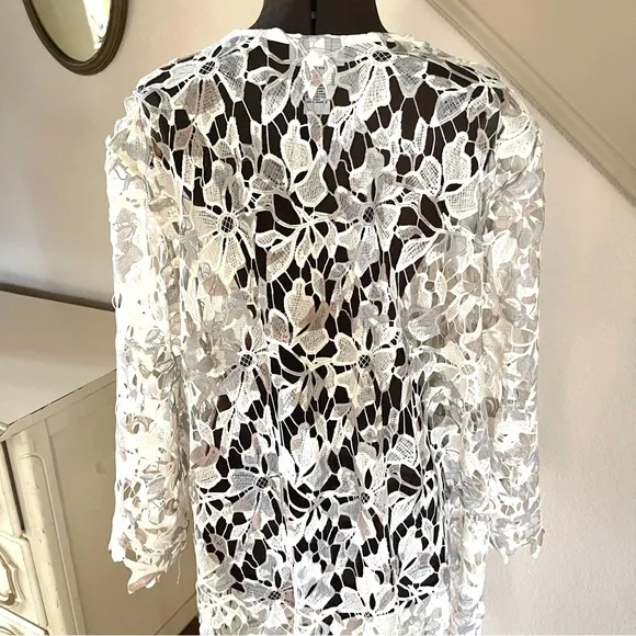 Catherines Lace Kimono Long Cardigan 2X Floral Embroidery Open Front Cream White