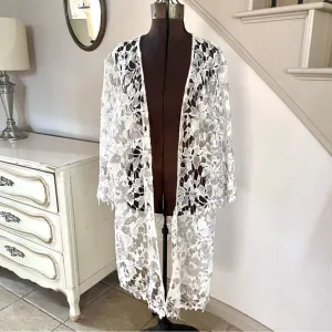 Catherines Lace Kimono Long Cardigan 2X Floral Embroidery Open Front Cream White