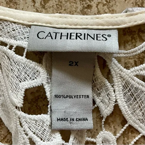 Catherines Lace Kimono Long Cardigan 2X Floral Embroidery Open Front Cream White