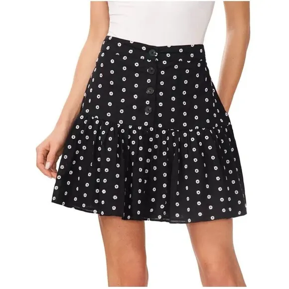 CeCe Women's Embroidered Eyelet Tiered Button-Front Mini Skirt Black &amp; White 8