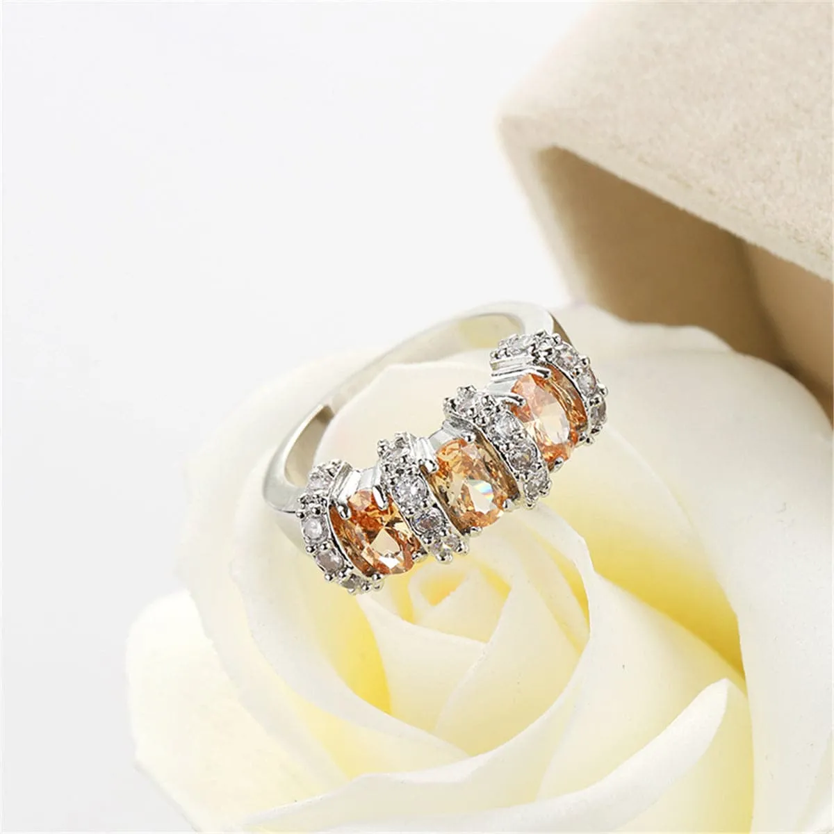 Champagne Cubic Zirconia & Silver-Plated Triple Oval Ring
