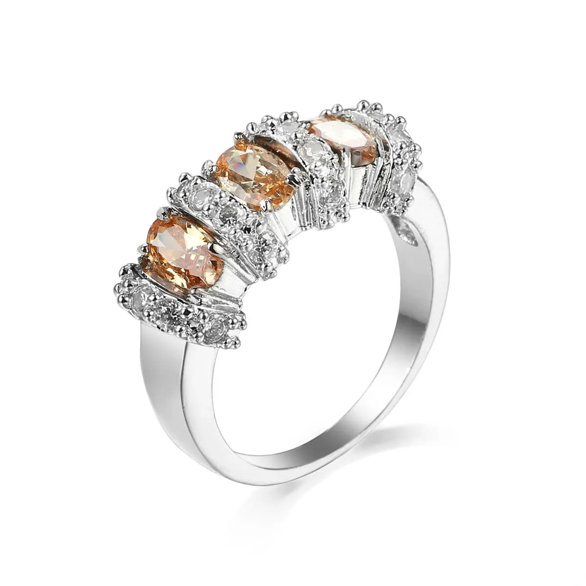 Champagne Cubic Zirconia & Silver-Plated Triple Oval Ring