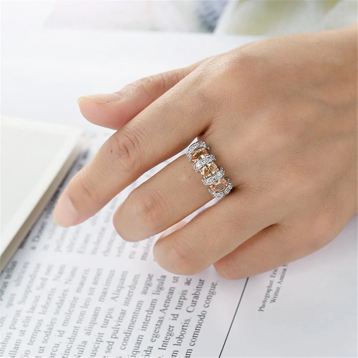 Champagne Cubic Zirconia & Silver-Plated Triple Oval Ring