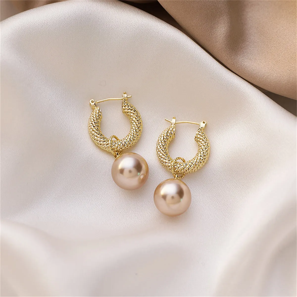Champagne Pearl & 18K Gold-Plated Rope Huggie Earrings