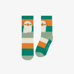 Chaussettes vertes avec rayures et un chien, enfant || Green socks with stripes and a dog, child
