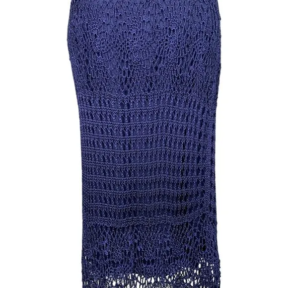 Chico's Womens Large Navy Blue Crochet Maxi Skirt Fringe Elastic Waist