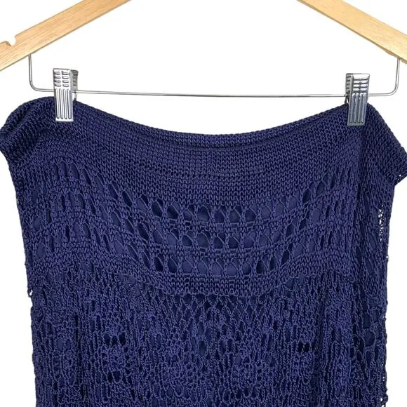 Chico's Womens Large Navy Blue Crochet Maxi Skirt Fringe Elastic Waist