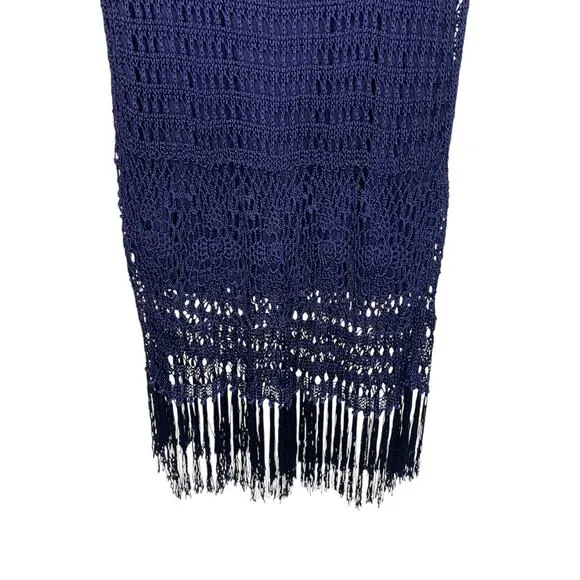 Chico's Womens Large Navy Blue Crochet Maxi Skirt Fringe Elastic Waist