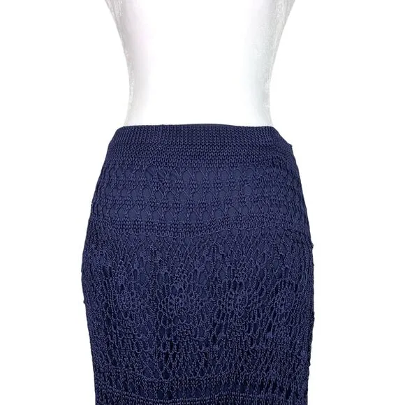 Chico's Womens Large Navy Blue Crochet Maxi Skirt Fringe Elastic Waist