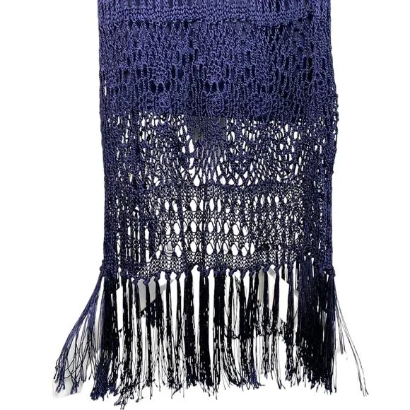Chico's Womens Large Navy Blue Crochet Maxi Skirt Fringe Elastic Waist