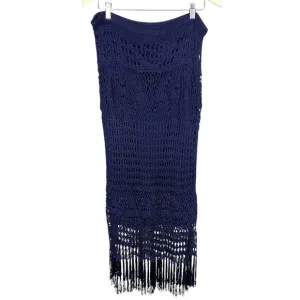 Chico's Womens Large Navy Blue Crochet Maxi Skirt Fringe Elastic Waist