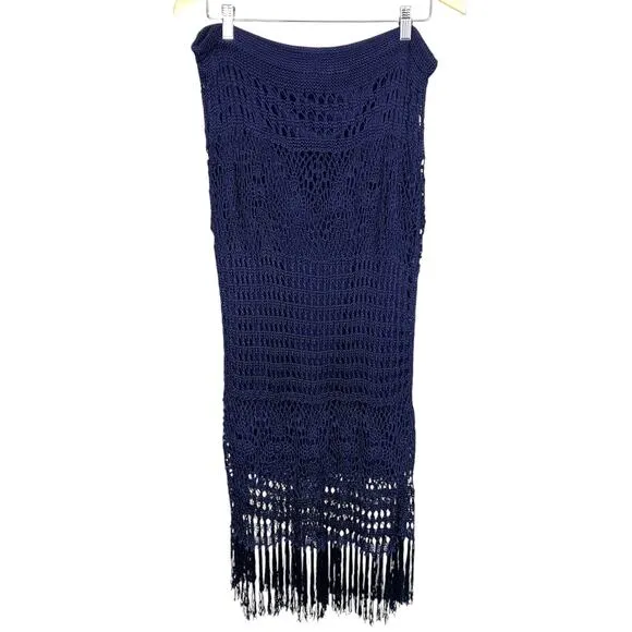 Chico's Womens Large Navy Blue Crochet Maxi Skirt Fringe Elastic Waist