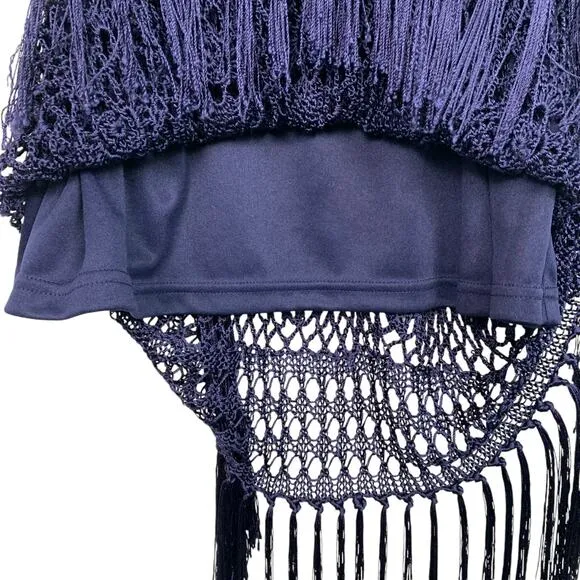 Chico's Womens Large Navy Blue Crochet Maxi Skirt Fringe Elastic Waist