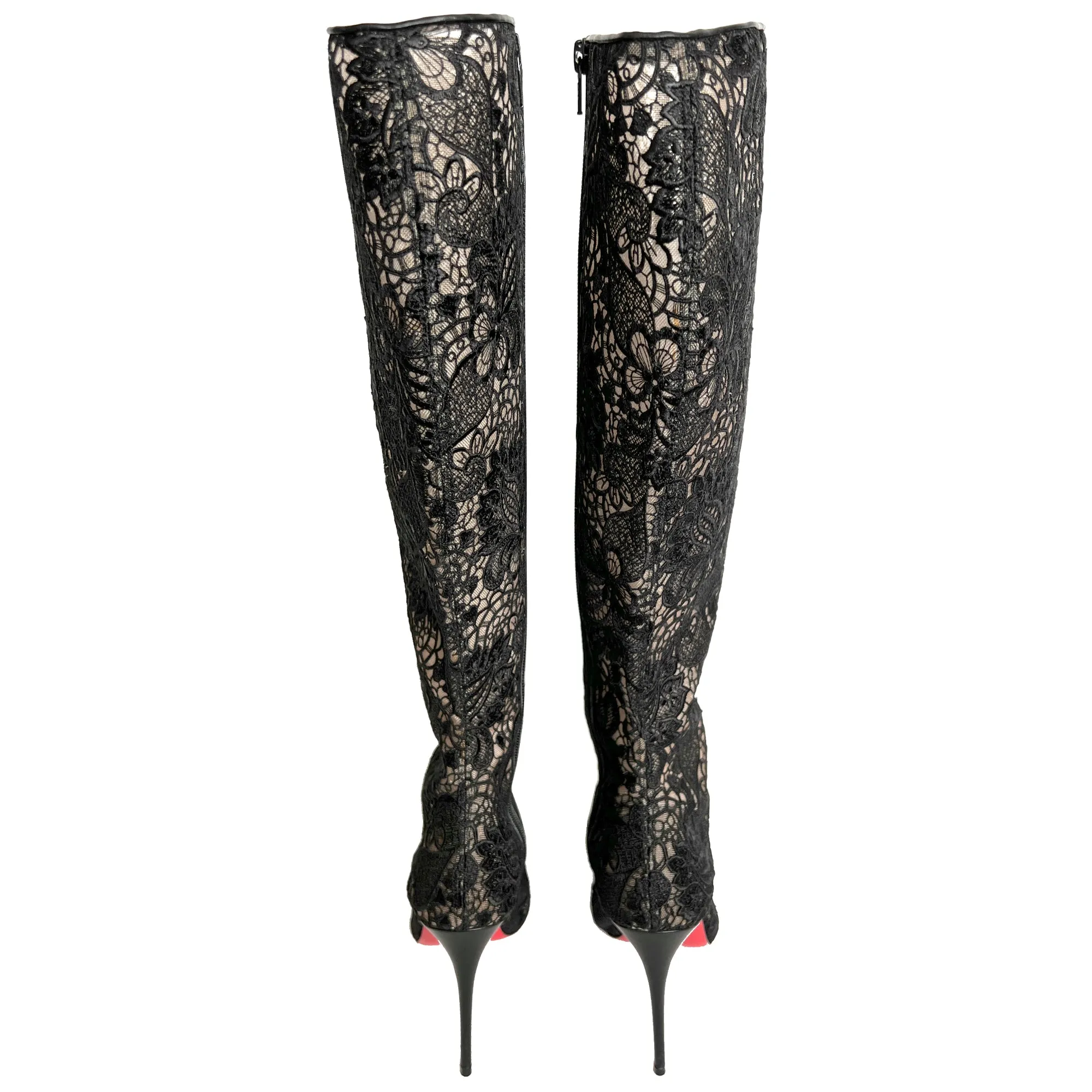 Christian Louboutin Tennissima 100 Black Guipure Lace Mesh Tall Knee High Boots Size EU 39