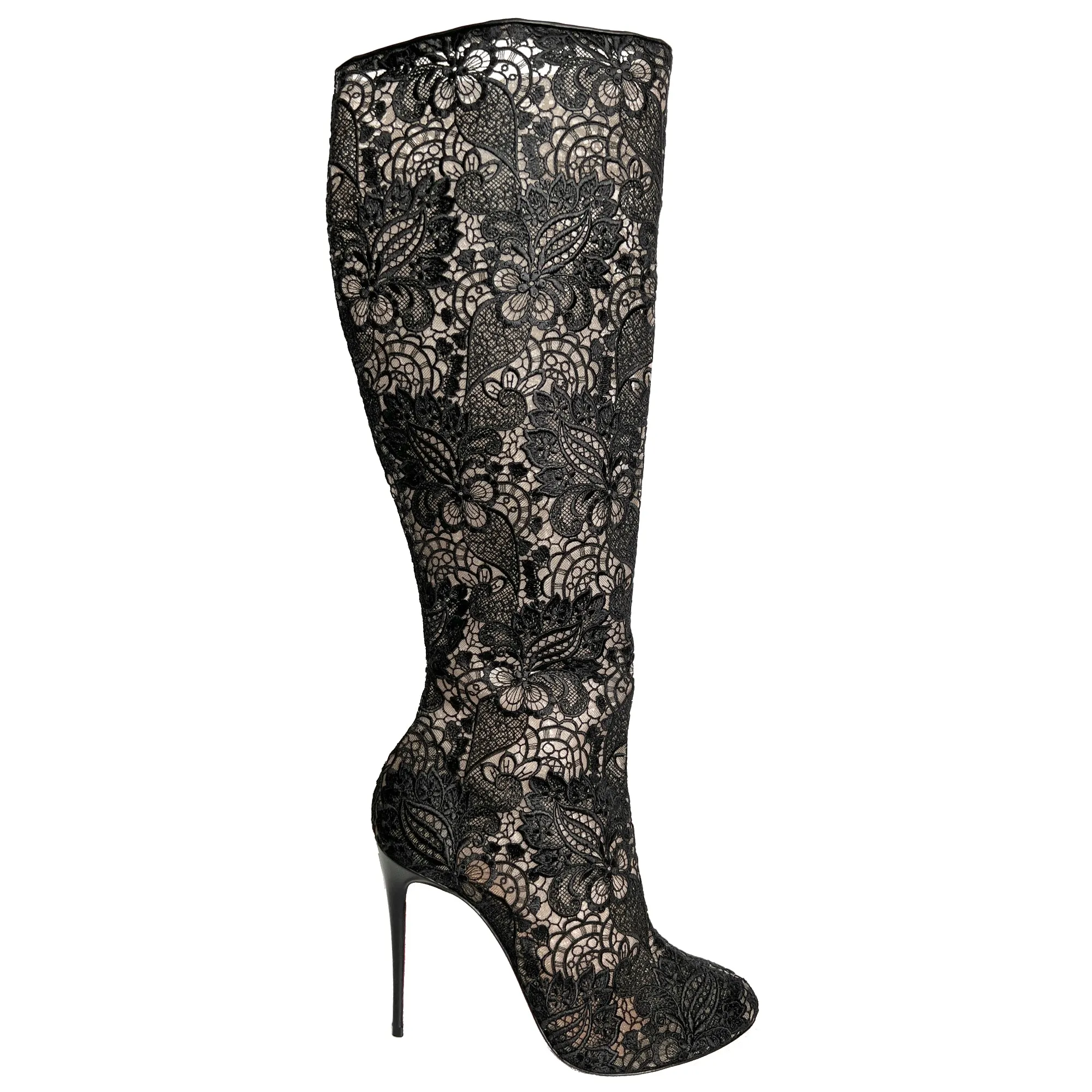 Christian Louboutin Tennissima 100 Black Guipure Lace Mesh Tall Knee High Boots Size EU 39