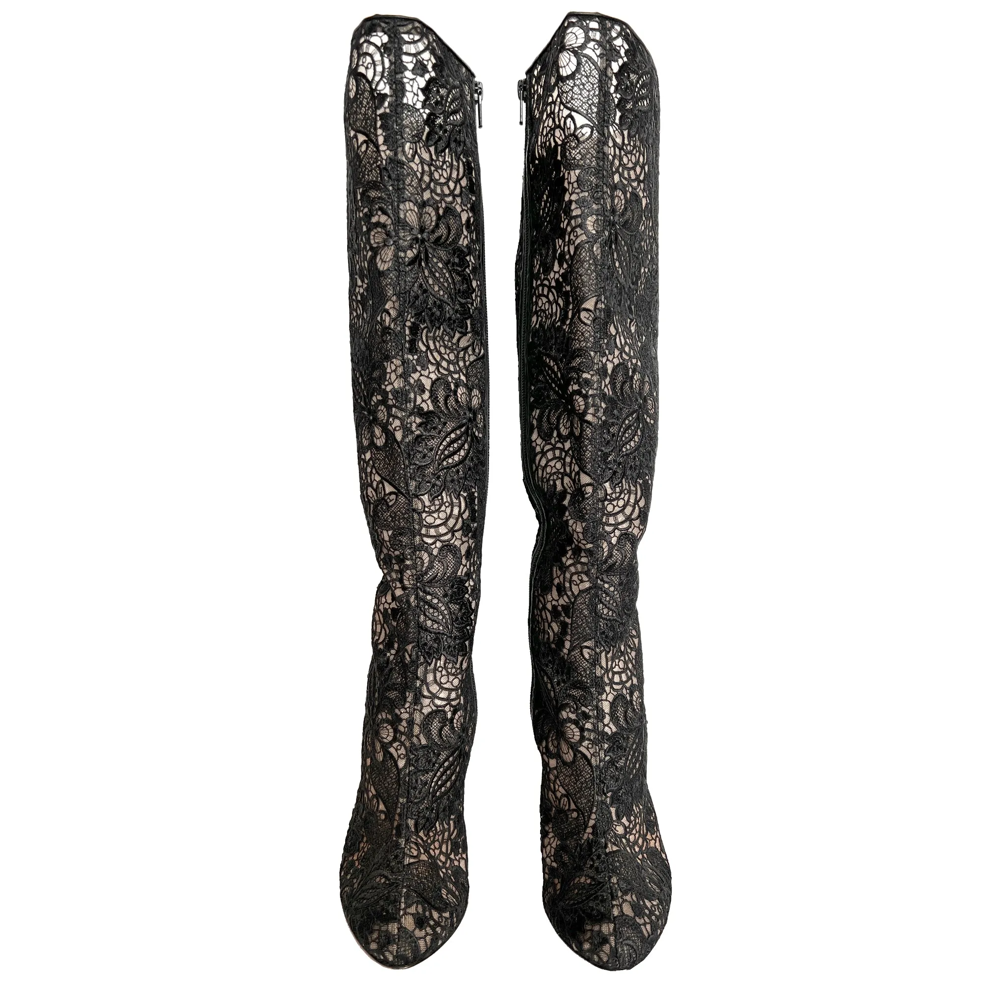 Christian Louboutin Tennissima 100 Black Guipure Lace Mesh Tall Knee High Boots Size EU 39