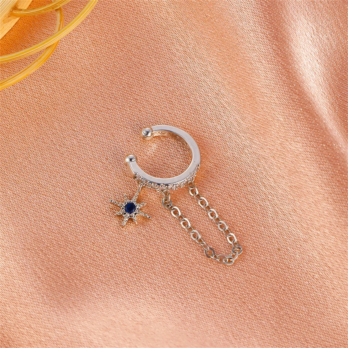 Clear Cubic Zirconia & Silver-Plated Star Chain Ear Cuff
