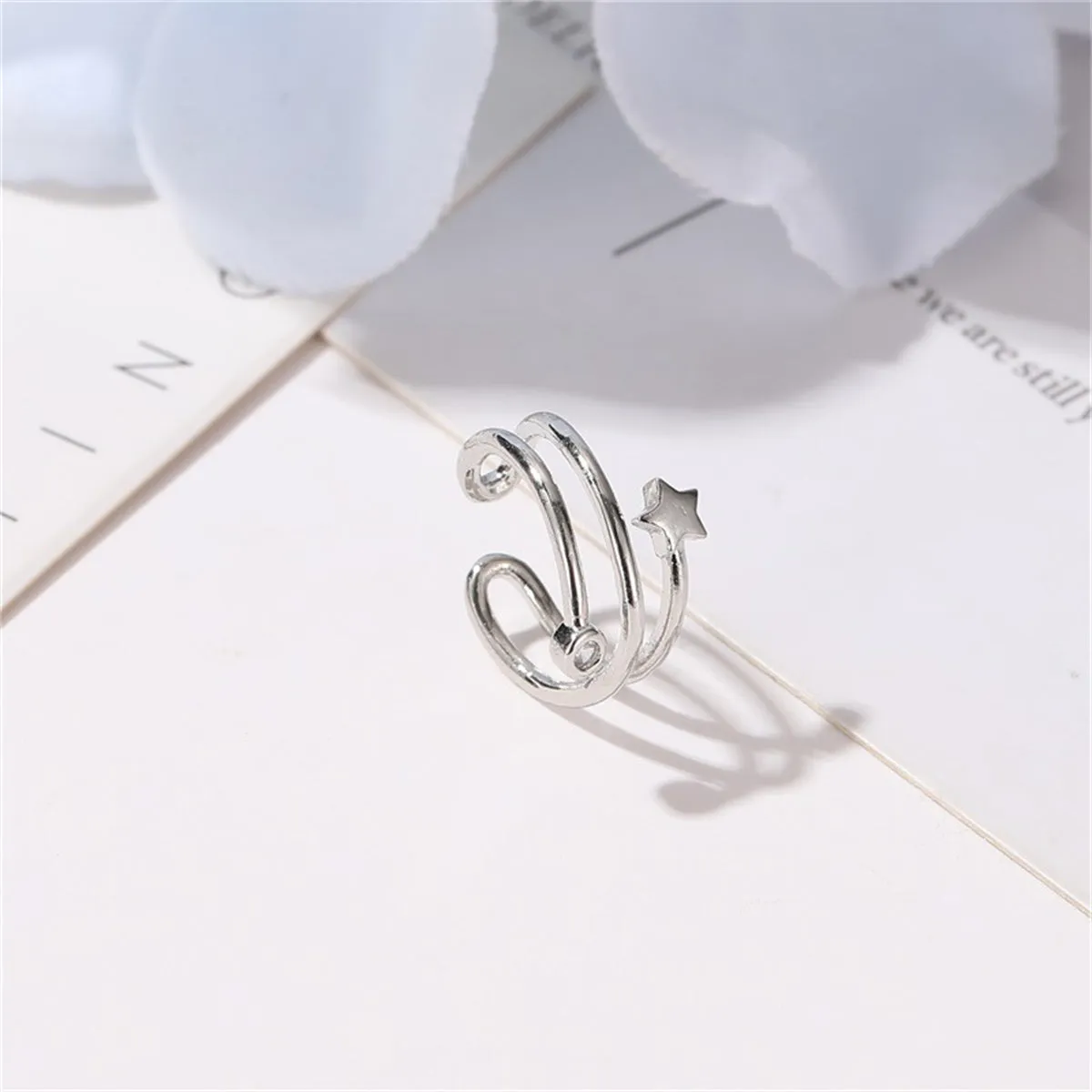 Clear Cubic Zirconia & Silver-Plated Star Layered Ear Cuff