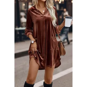 Collared V Neck Two Pockets Shift Velvet Dress