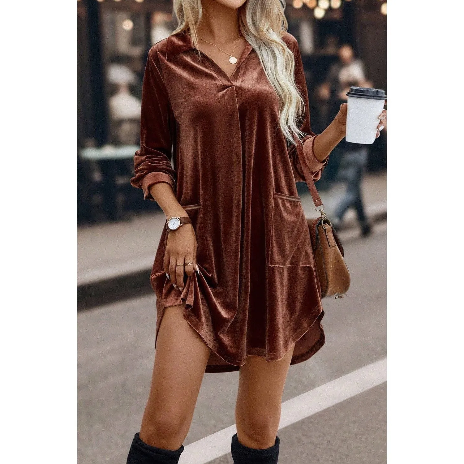 Collared V Neck Two Pockets Shift Velvet Dress