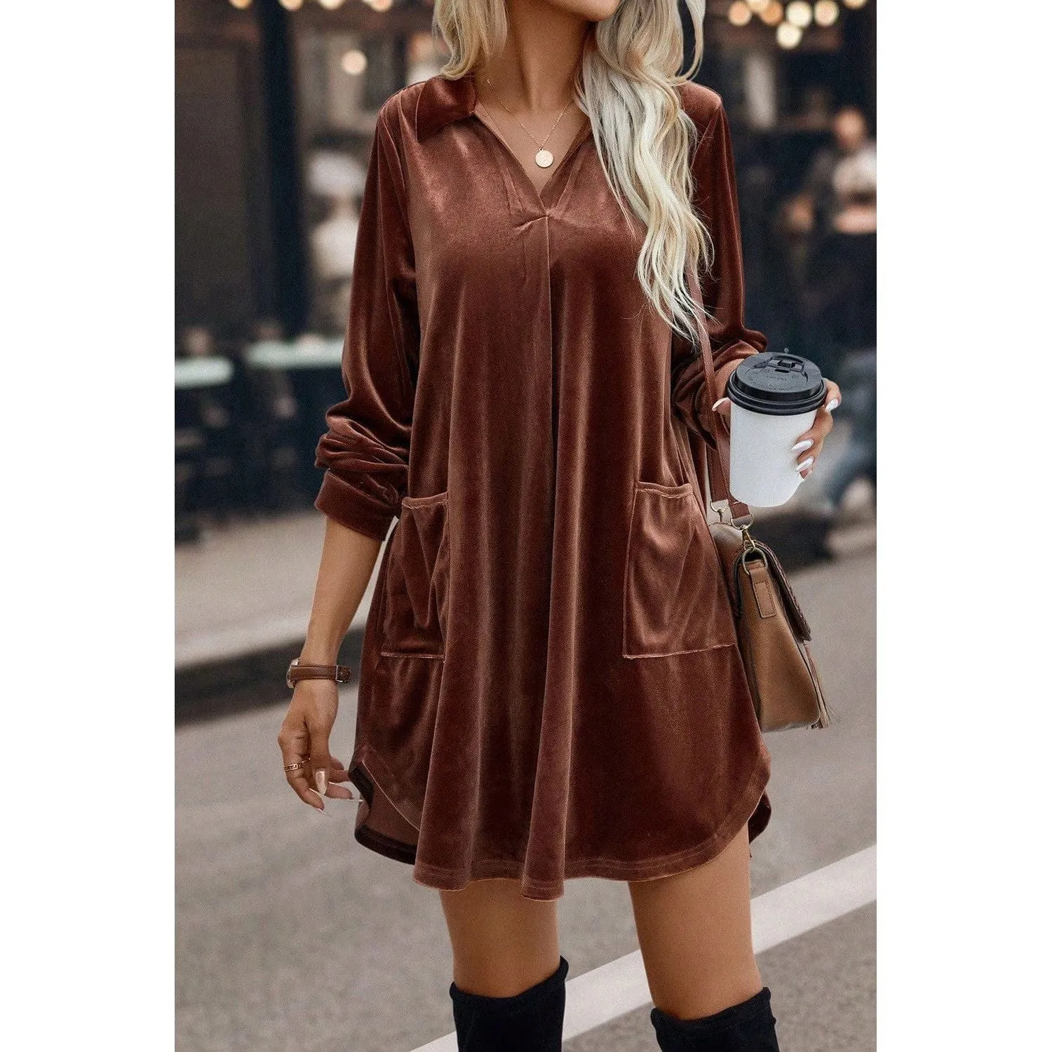 Collared V Neck Two Pockets Shift Velvet Dress