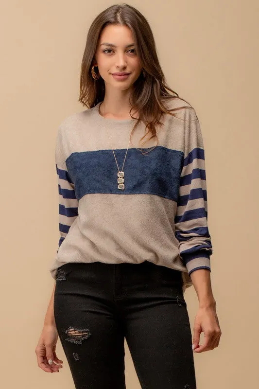 Color Block Top with Stripe Sleeve
