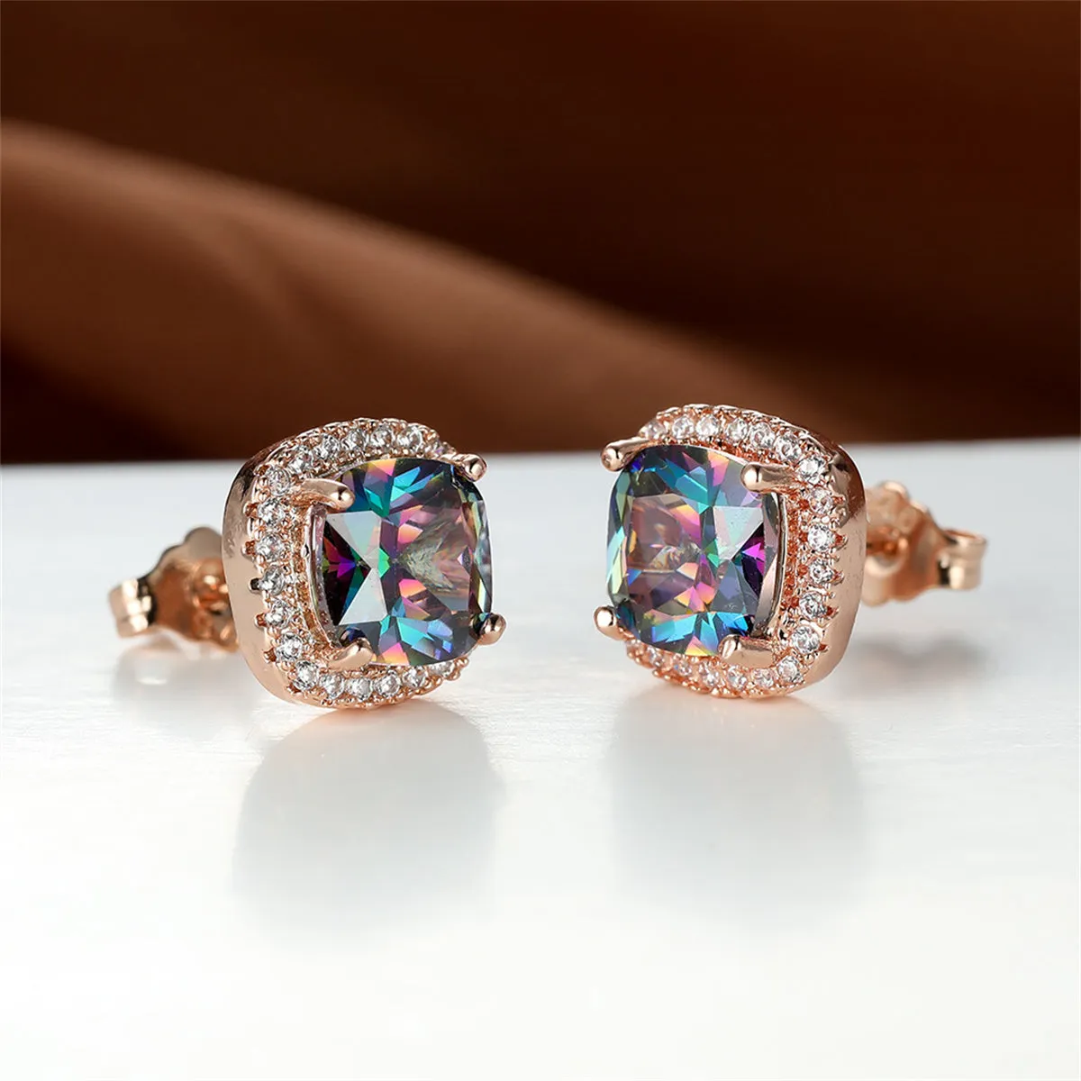 Colored Princess Crystal & Cubic Zirconia 18K Rose Gold-Plated Halo Stud Earrings
