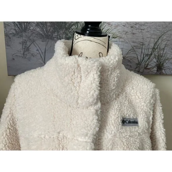 Columbia women's cream Sherpa fleece 3/4 length snap front coat, size XL