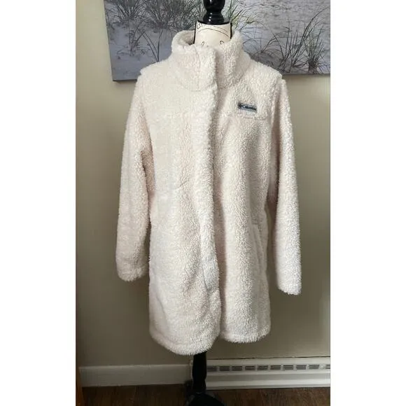 Columbia women's cream Sherpa fleece 3/4 length snap front coat, size XL