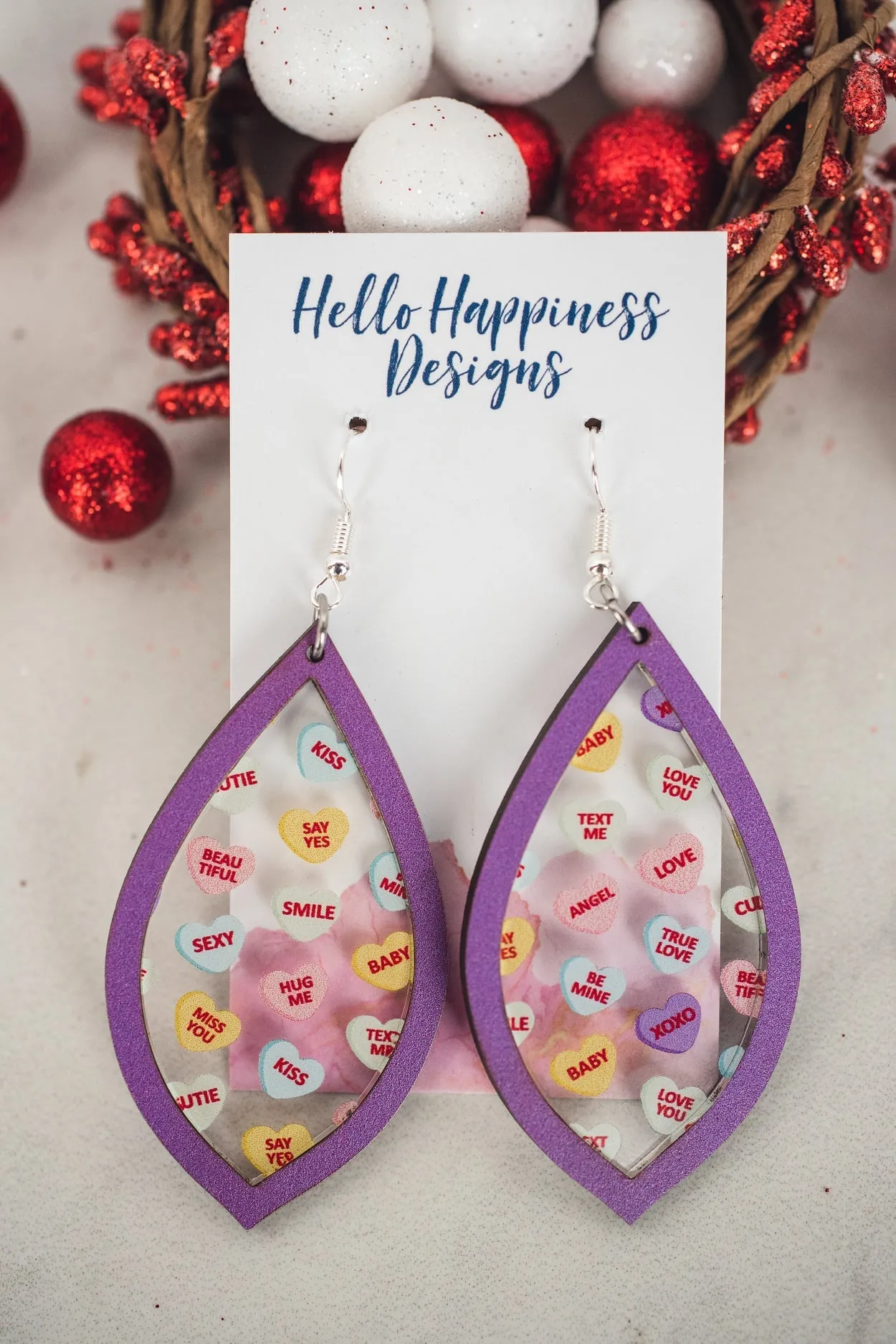 Conversation Heart Inset Dangle Earrings in Purple