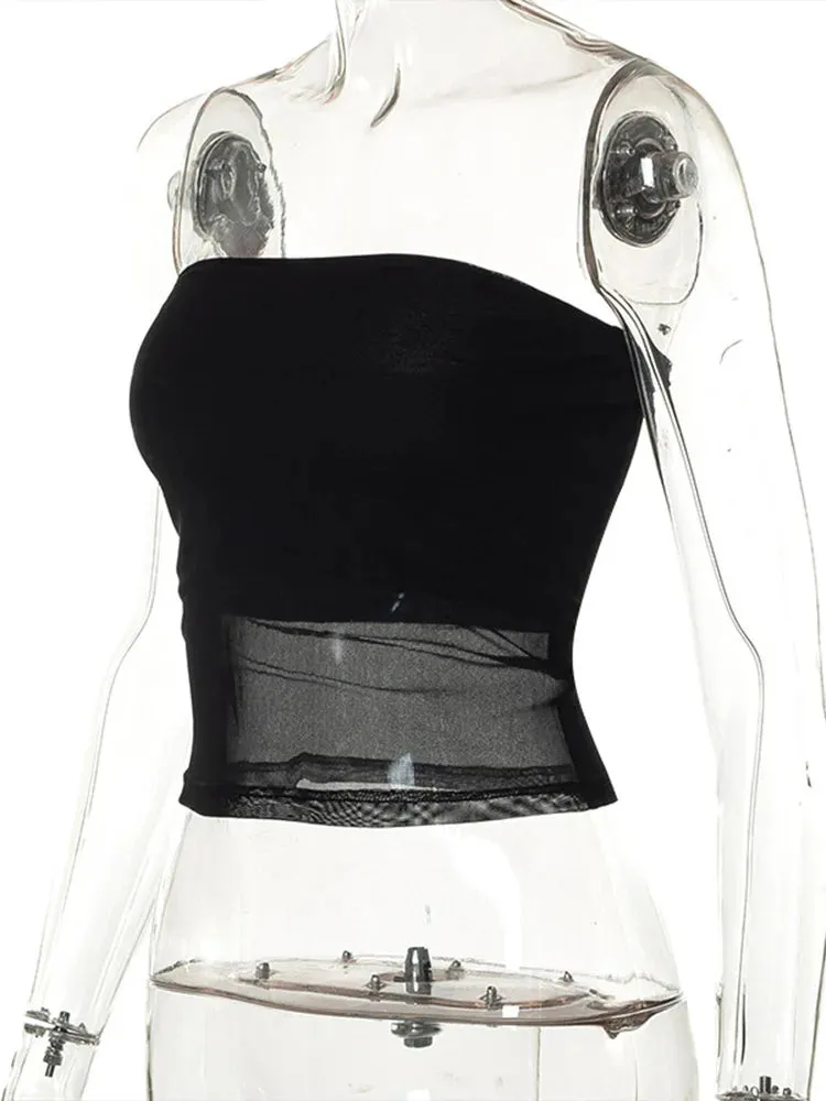 Corset Noir™ | Women's Mesh Crop Top | Patchwork Design, Off-Shoulder, Sleeveless Summer Streetwear