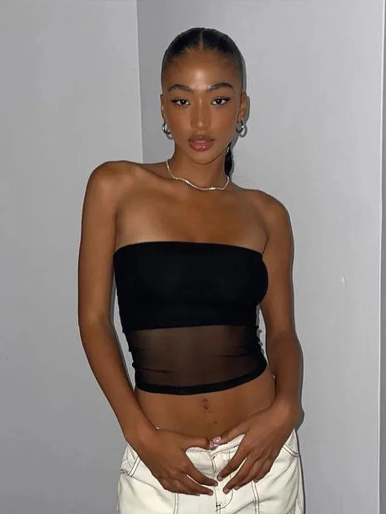 Corset Noir™ | Women's Mesh Crop Top | Patchwork Design, Off-Shoulder, Sleeveless Summer Streetwear