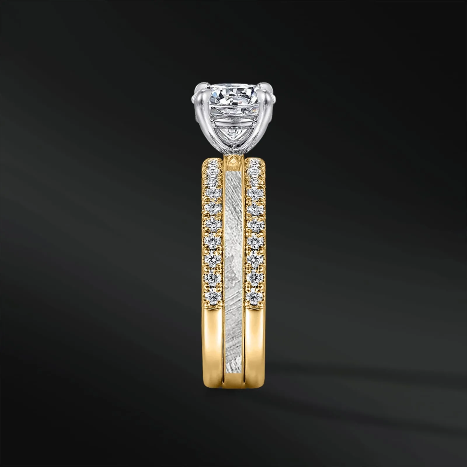 Cosmic Vows - Women's Ring Set | Muonionalusta Meteorite Engagement Ring | 1.3 ct Certified Moissanite