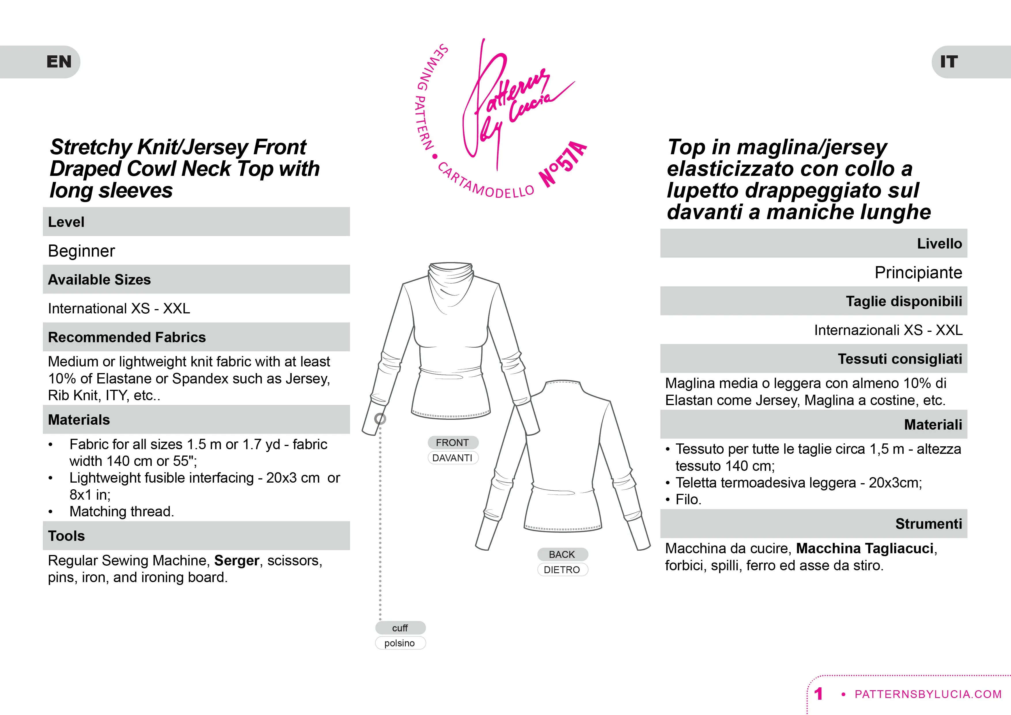 Cowl Neck Top Sewing Pattern N.57A