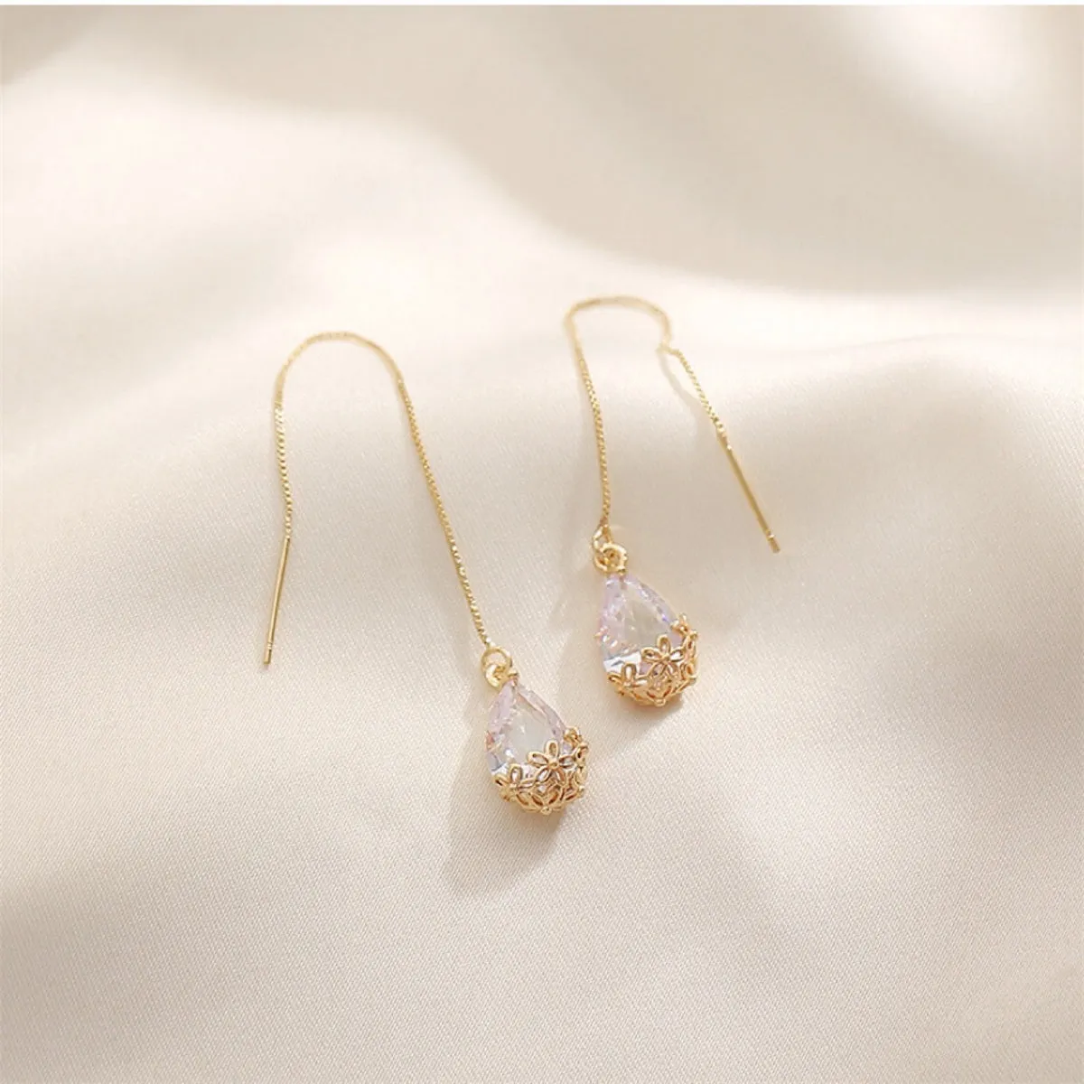 Crystal & 18K Gold-Plated Floral Threader Earrings