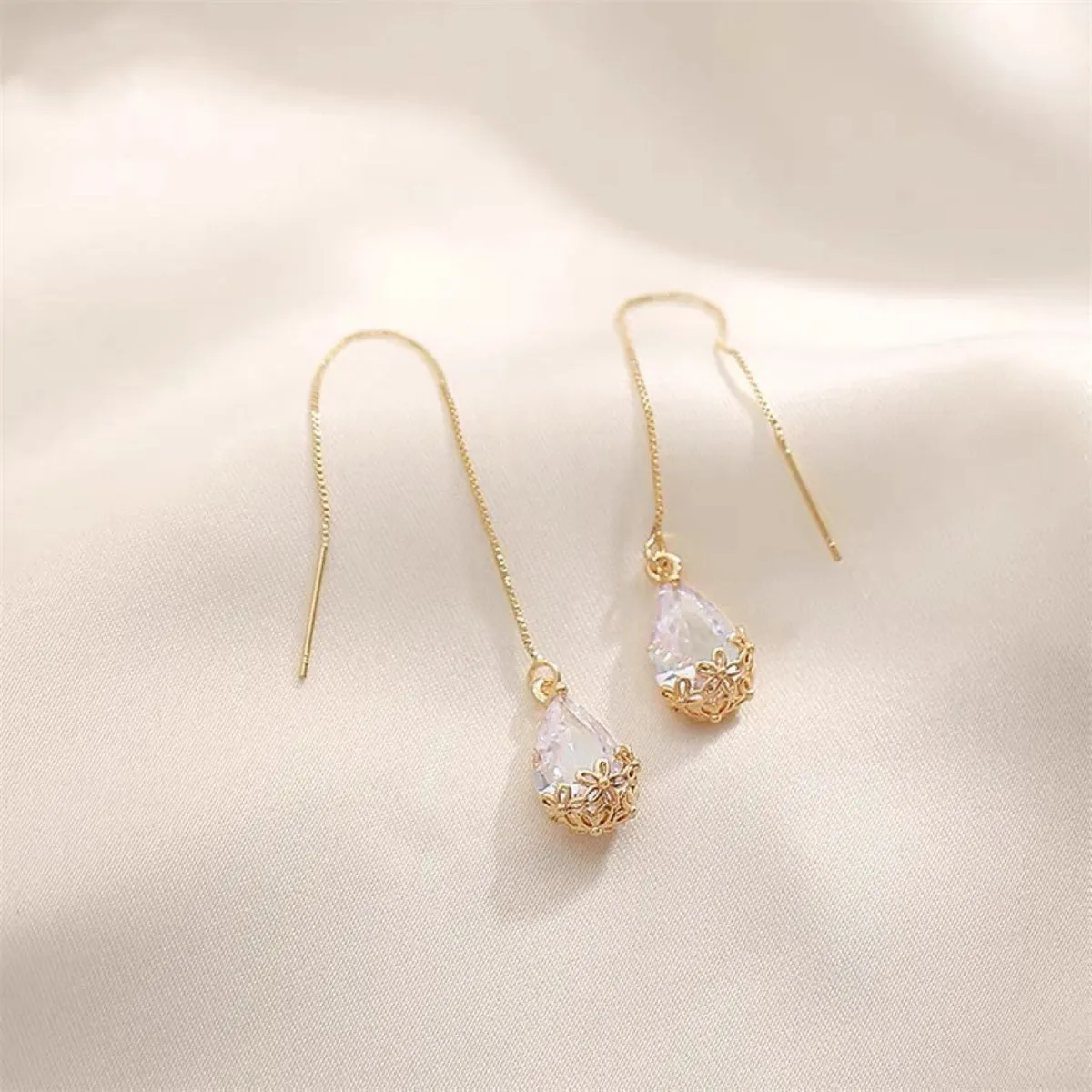 Crystal & 18K Gold-Plated Floral Threader Earrings