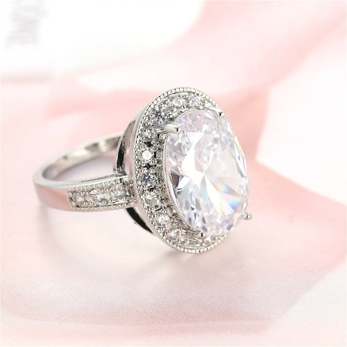 Crystal & Cubic Zirconia Silver-Plated Halo Oval-Cut Ring