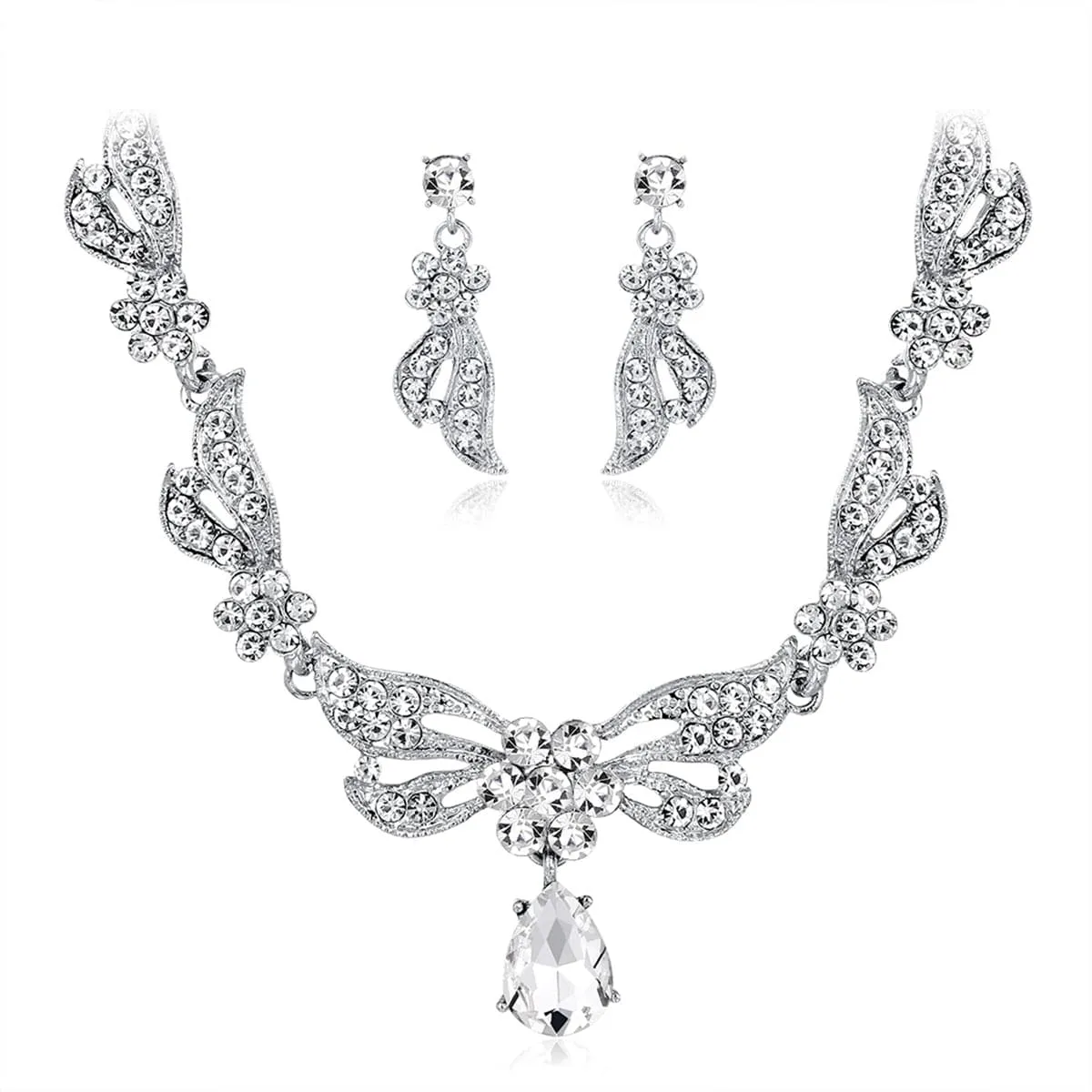 Crystal & Silver-Plated Wing Drop Earrings & Butterfly Necklace