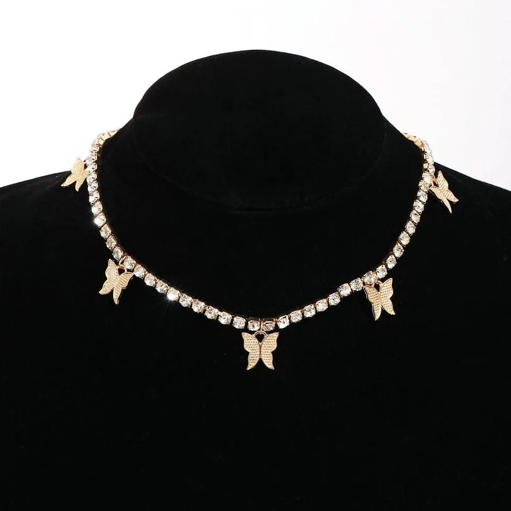 Cubic Zirconia & 18K Gold-Plated Butterfly Station Choker Necklace