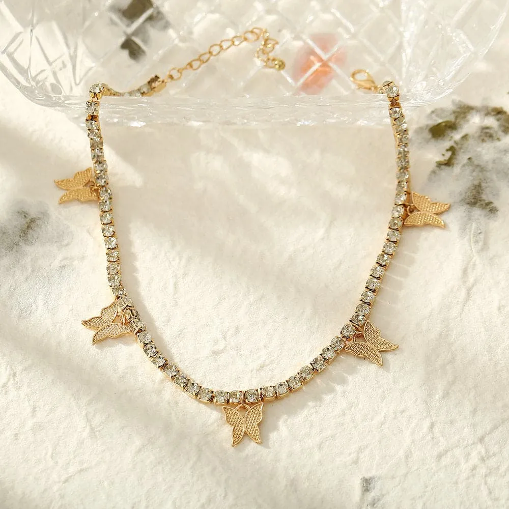 Cubic Zirconia & 18K Gold-Plated Butterfly Station Choker Necklace