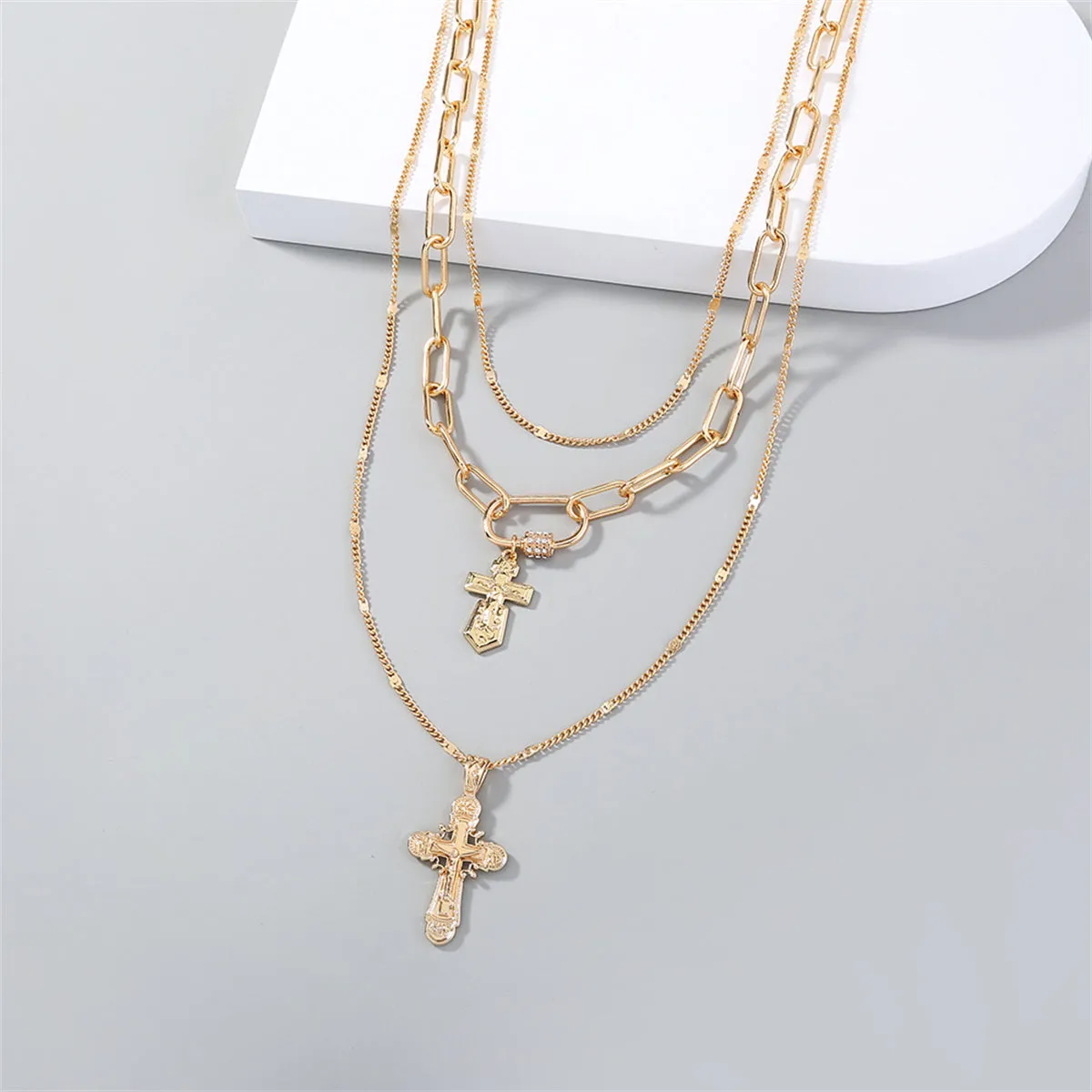 Cubic Zirconia & 18K Gold-Plated Cross Layered Pendant Necklace