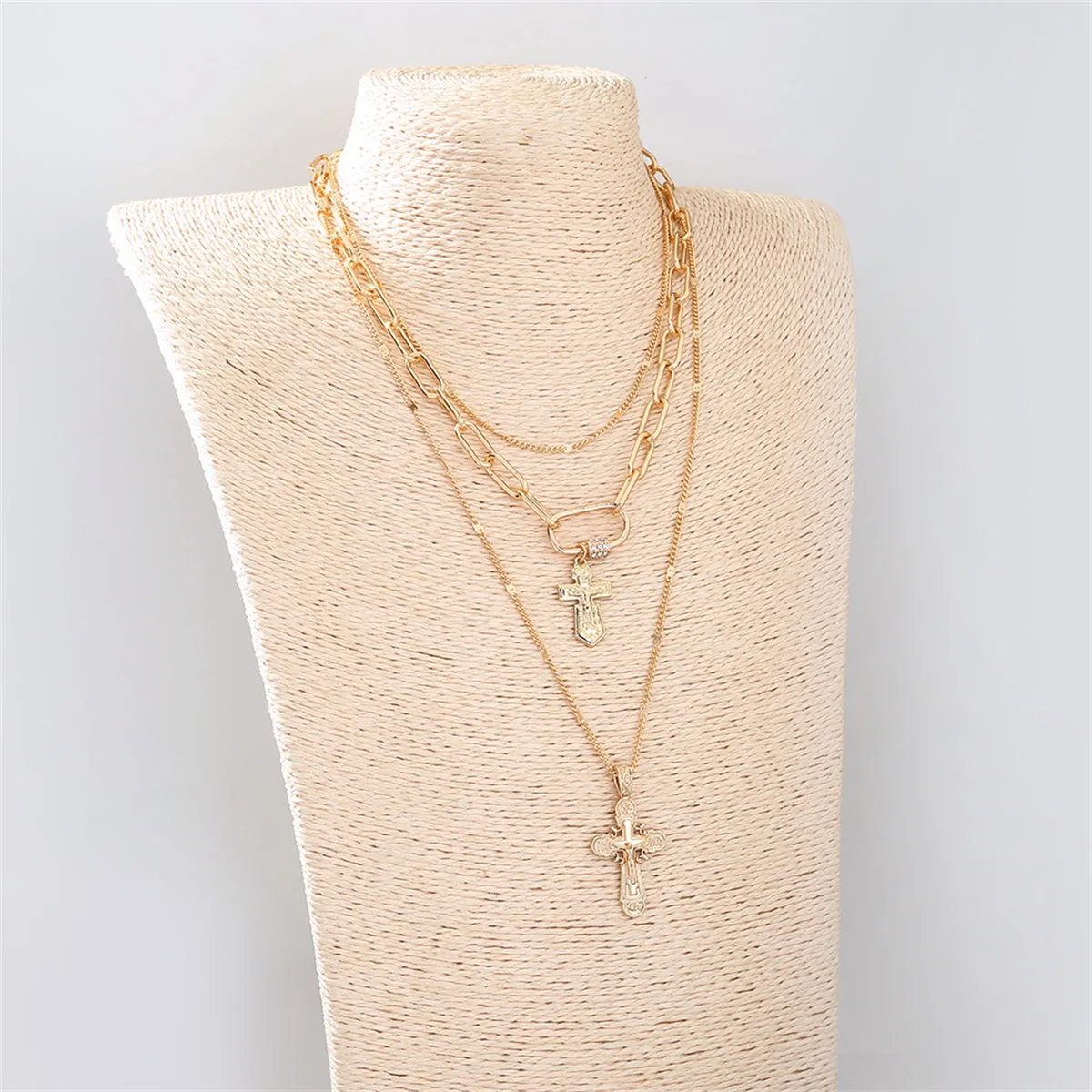 Cubic Zirconia & 18K Gold-Plated Cross Layered Pendant Necklace